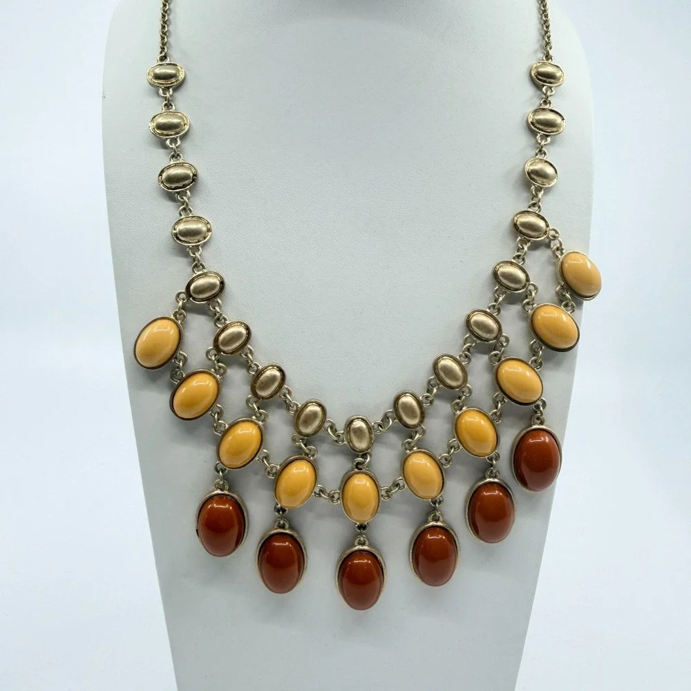 Vintage Amber & Yellow Cabochon Gold Tone Layered Bib Necklace